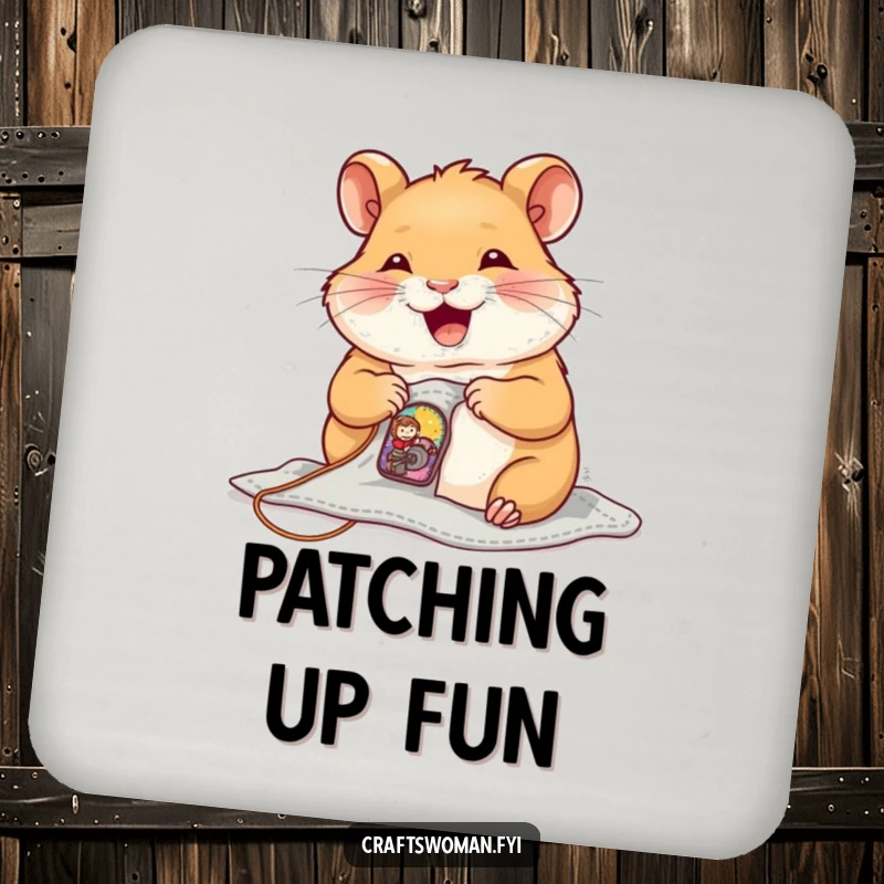 Funny Drink Coasters featuring a joyful hamster sewing a tiny, colorful patch onto a small garment.