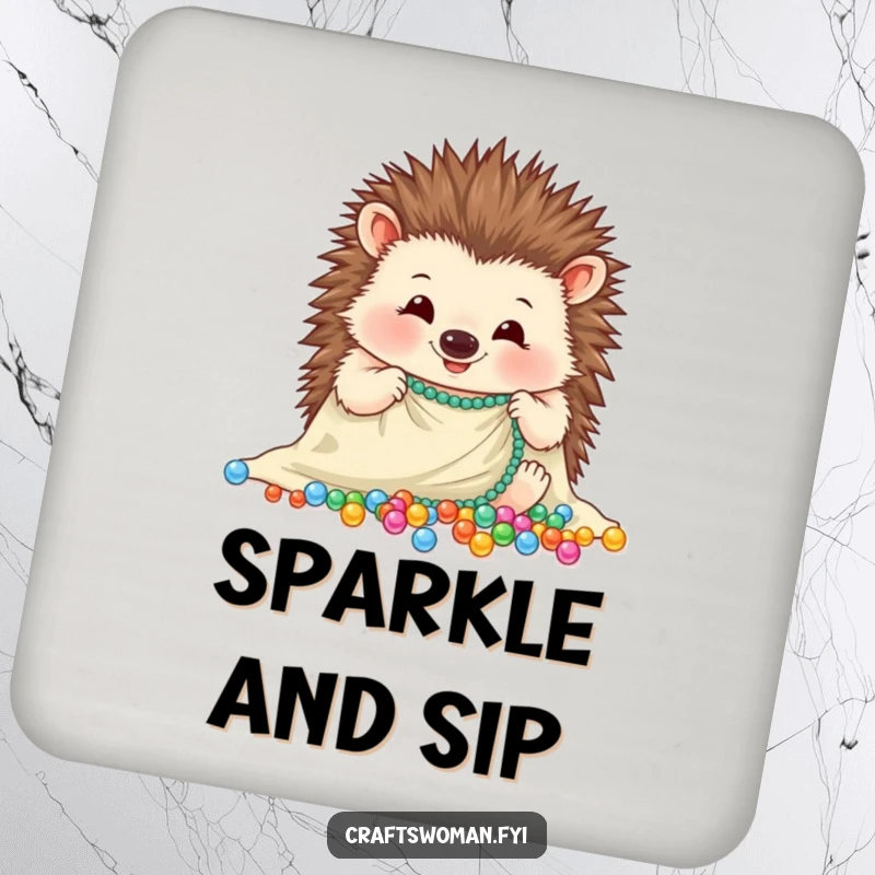 Funny hedgehog drink coasters featuring a cheerful hedgehog carefully arranging sparkling beads onto a piece of cloth, decorative and protective.