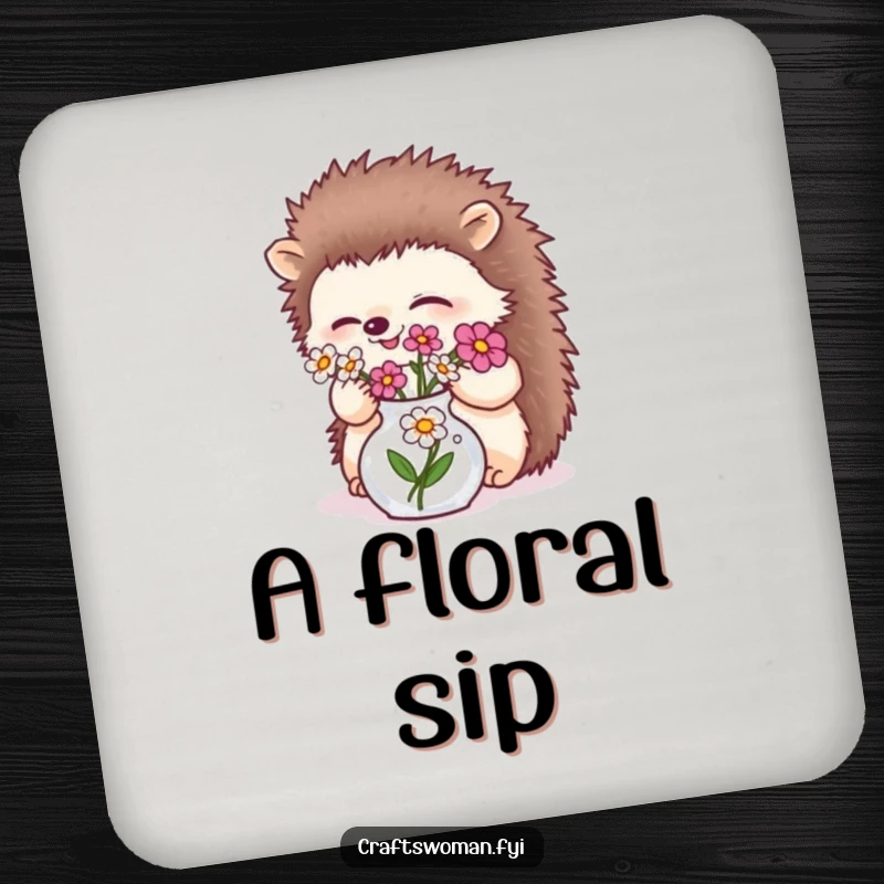 Funny giggling hedgehog arranging flowers in a tiny vase on a drink coaster, adding natural humor.