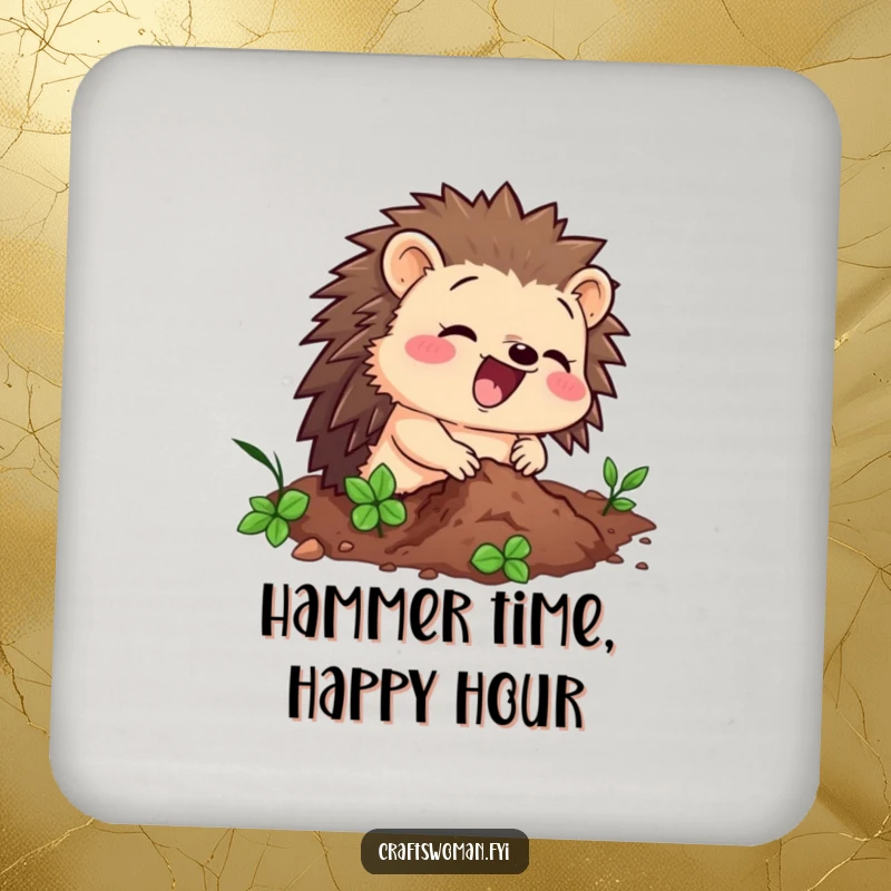 Funny drink coaster featuring a delighted hedgehog character hammering a tiny nail, adding DIY humor to tabletops.