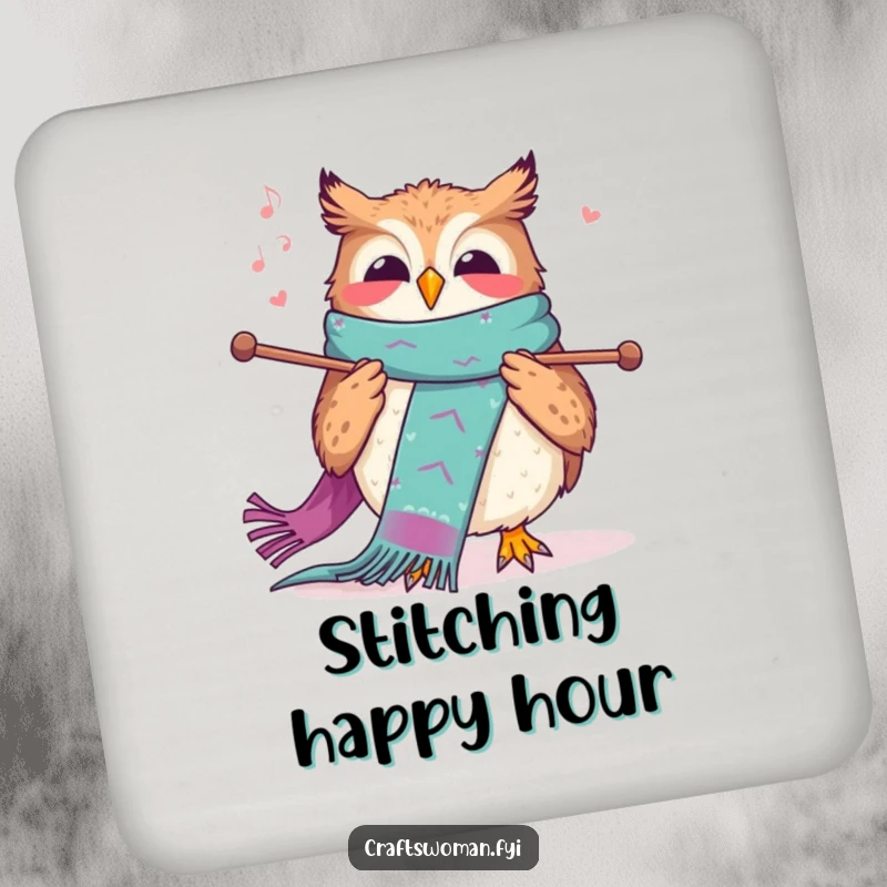 Funny knitting owl drink coaster with a joyful owl humming while knitting a colorful scarf, adding humor to surfaces.