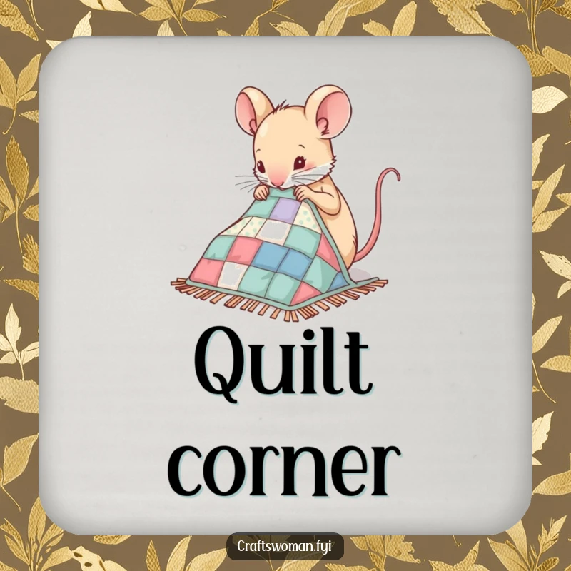 Funny Mouse Drink Coaster depicting a nimble mouse sewing patches onto a miniature quilt, a humorous and protective accessory.
