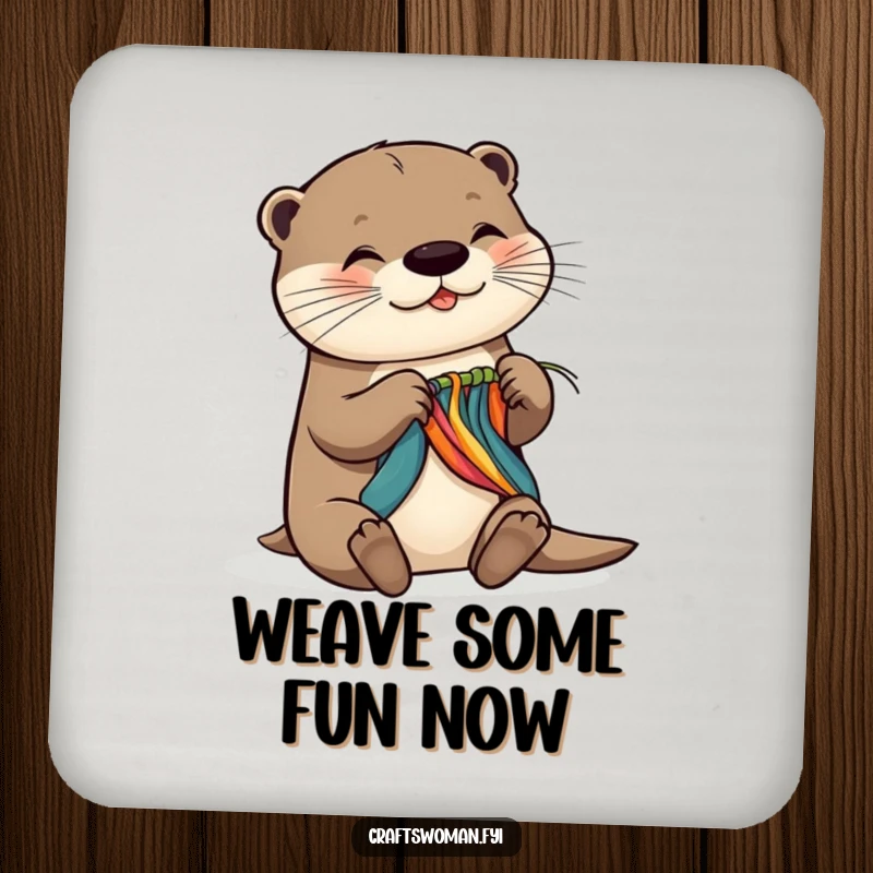 Funny drink coaster depicting a happy otter weaving colorful material, offering surface protection with a touch of artistic charm.