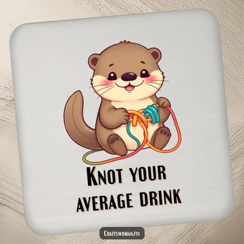Funny otter drink coasters featuring a smiling otter busy knotting colorful yarn into a playful design, protecting surfaces.
