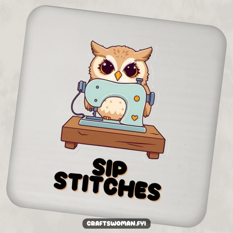 Funny drink coaster with a curious owl operating a miniature sewing machine, adding wise charm to tables.
