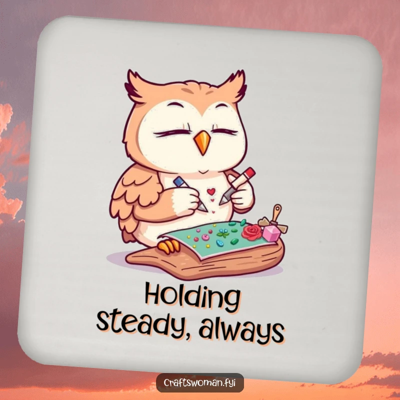 Funny owl coaster showing a content owl meticulously gluing decorative elements onto a craft project, ideal for table protection.