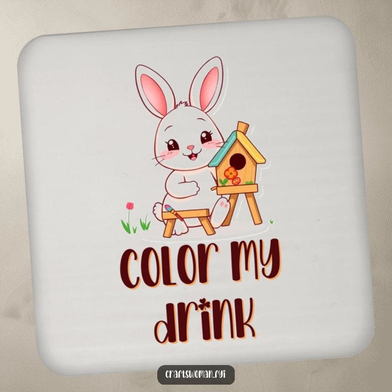 Funny happy rabbit painting a birdhouse with vibrant colors on a drink coaster, adding artistic humor.