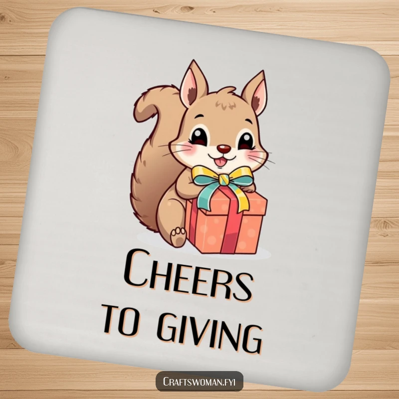 Funny squirrel gift wrapper coaster, a cute squirrel excitedly wrapping a present with colorful ribbon and a bow, humorous and festive table accessory.