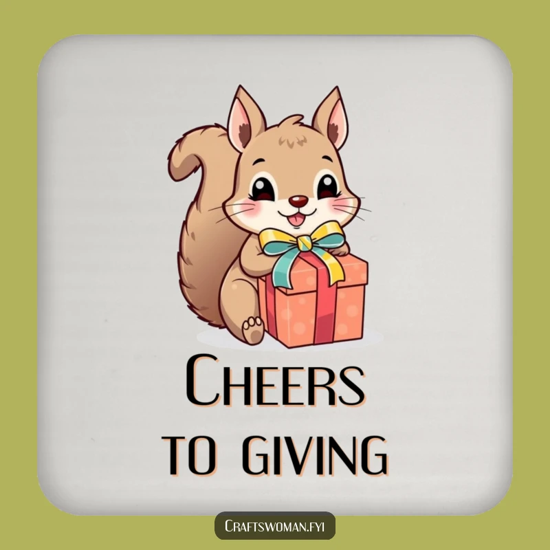 Funny Squirrel Gift Wrapper Coaster - Excited Presenting Drink Coaster