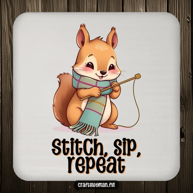 Funny Drink Coasters featuring a cute squirrel happily stitching a vibrant scarf on a large needle.