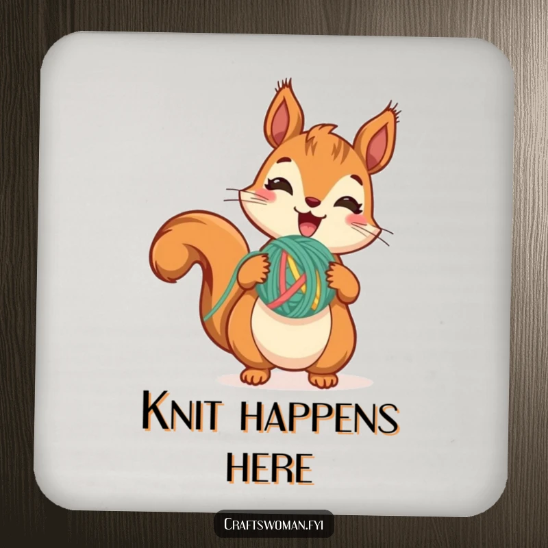 Funny Squirrel Yarn Coaster showing a cute squirrel excitedly holding yarn, mid-stitch, perfect for drink protection and crafting charm.