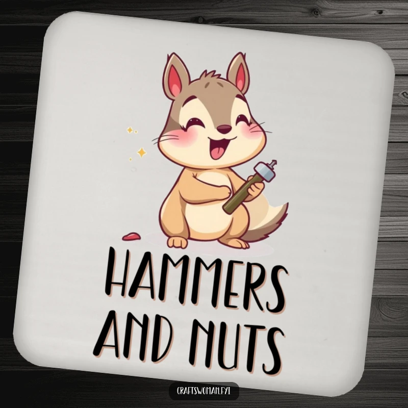Funny squirrel coaster design of a smiling squirrel hammering a small nail, protecting surfaces with a touch of humor.