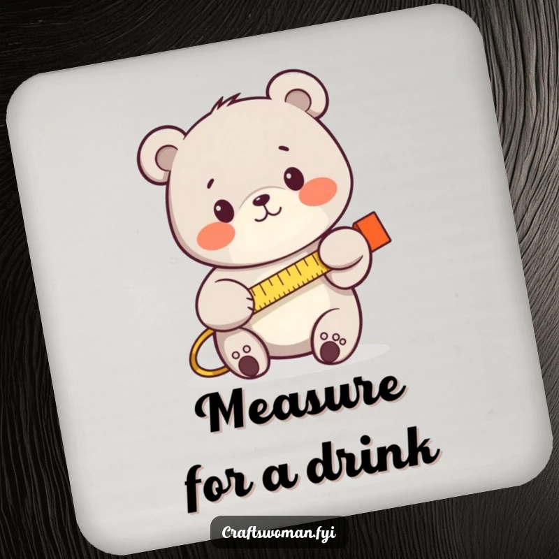 Funny bear with a tape measure, looking determined, on a drink coaster, protecting surfaces with humor.