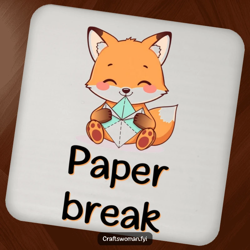 Funny Fox Drink Coaster depicting a smiling fox folding origami shapes, a humorous and protective accessory.
