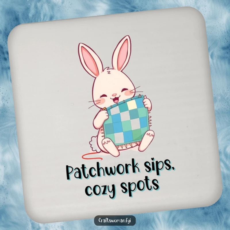 Funny drink coaster featuring a joyful rabbit character diligently stitching a tiny patchwork quilt, adding sewing humor to tabletops.