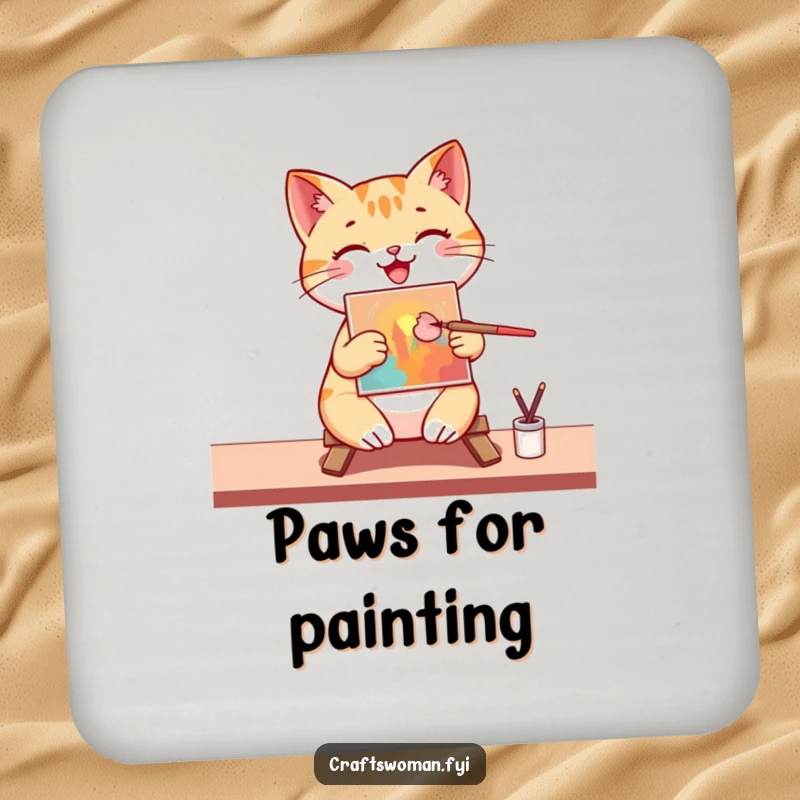 Funny Coaster: A happy cat artist is depicted painting a colorful picture on a small canvas with a brush, adding artistic flair.