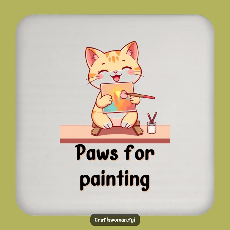 Funny Cat Artist Coaster: Protect Surfaces with a Happy Painter Cat, Unique Funny Gift!