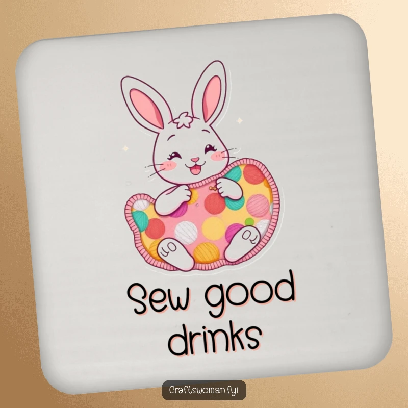 Funny cheerful bunny drink coaster featuring a bunny enthusiastically sewing a large, colorful patch, offering stylish surface protection.