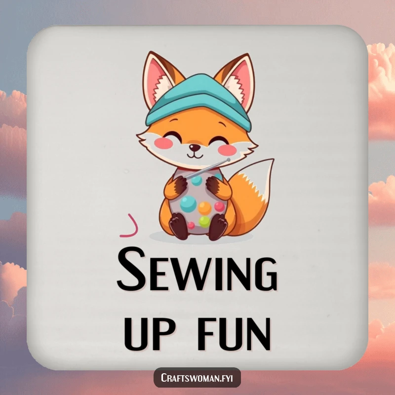 Kawaii Fox Coaster: A cute fox smiles while sewing colorful fabric with a needle, protecting surfaces.