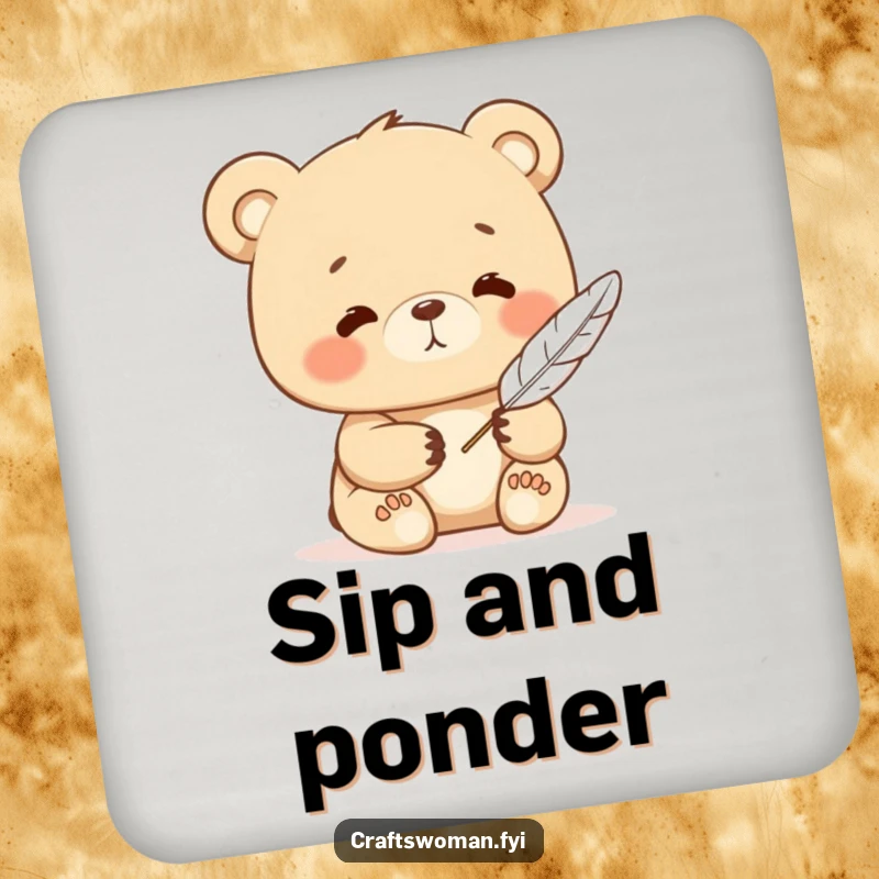 Funny bear drink coaster with a contented character writing with a feather quill, adding peaceful charm and surface protection.