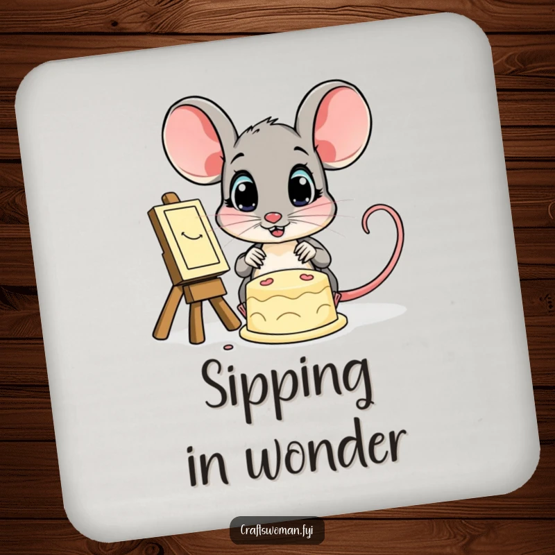 Funny drink coaster depicting a wide-eyed mouse looking up in awe at a finished creation, offering surface protection with charm.