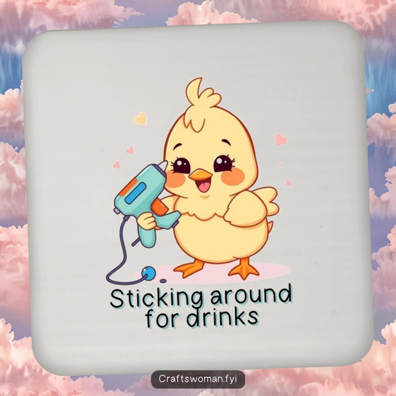 Funny crafting chick drink coaster with a happy chick using a glue gun to assemble a project, adding humor to surfaces.