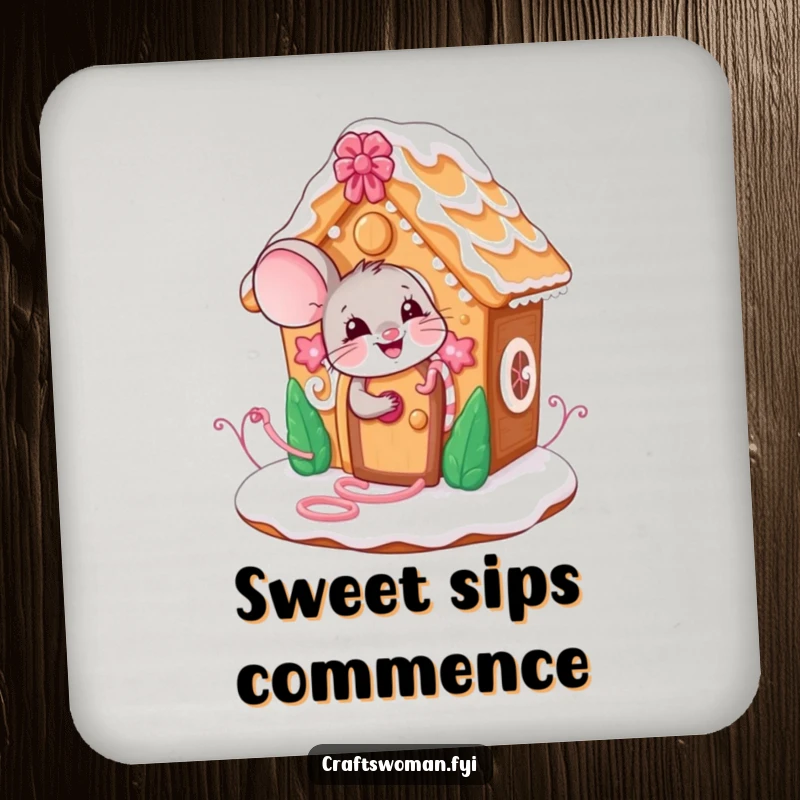 Funny mouse drink coaster with a giggling character decorating a gingerbread house, adding festive charm and surface protection.