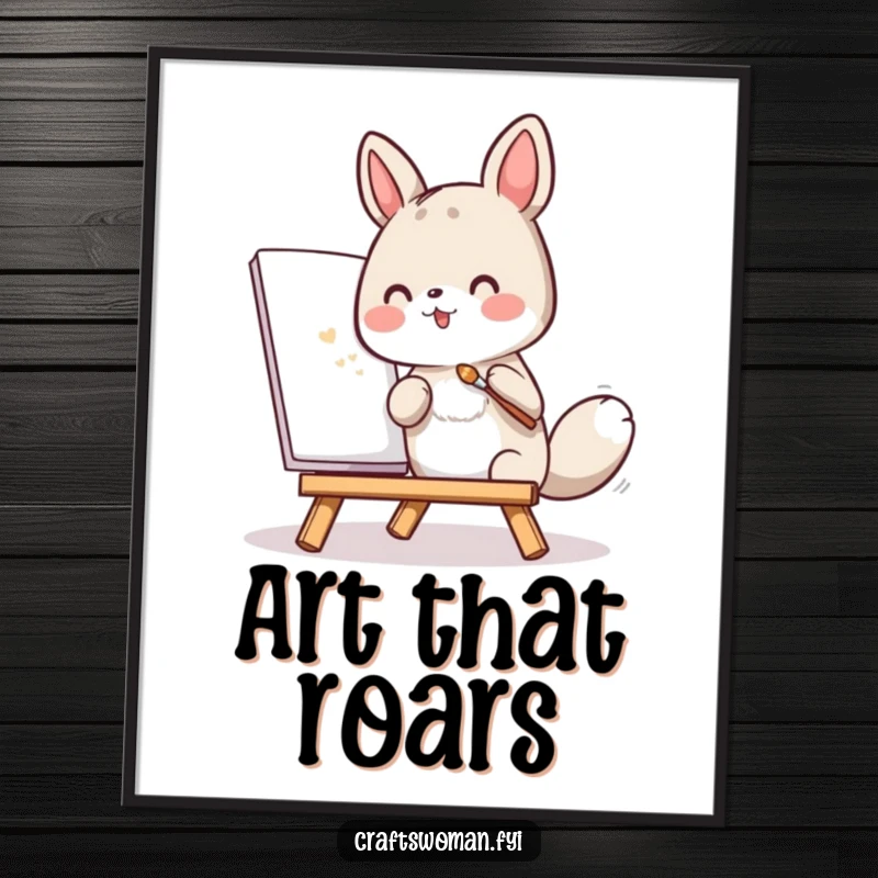 Funny poster art of an animal character focused on painting a small canvas with a tiny brush, evoking creativity.