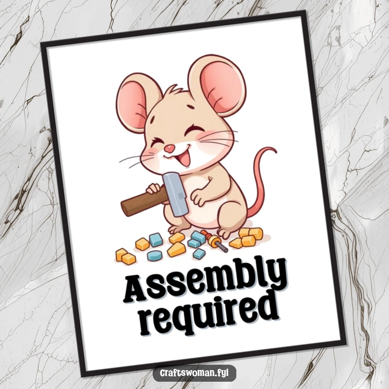 Funny mouse poster showing a delighted mouse character using a miniature hammer to assemble small pieces, ideal wall art.