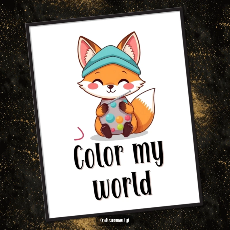 Kawaii Fox Poster: An adorable fox with a sewing needle is shown smiling while stitching colorful fabric.