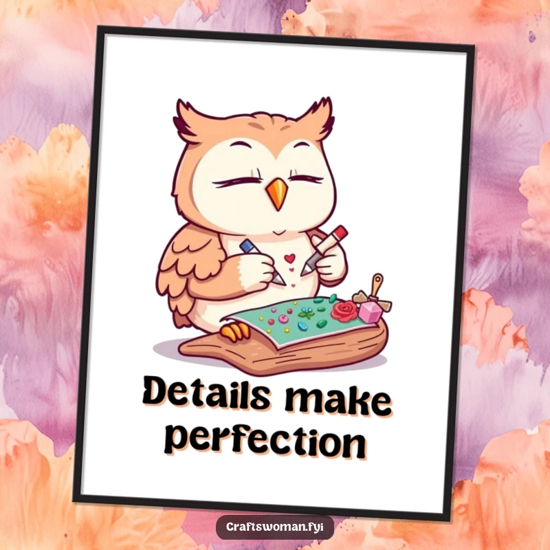 Funny owl poster showing a content owl meticulously gluing decorative elements onto a craft project, ideal wall art.