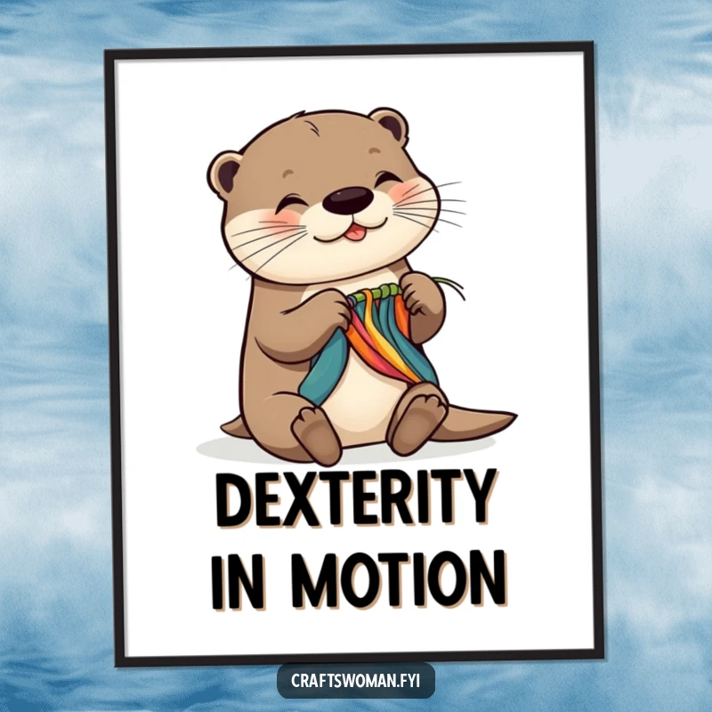 Funny poster depicting a happy otter weaving colorful threads with exceptional skill and a joyful, engaged expression, bringing artistic flair.