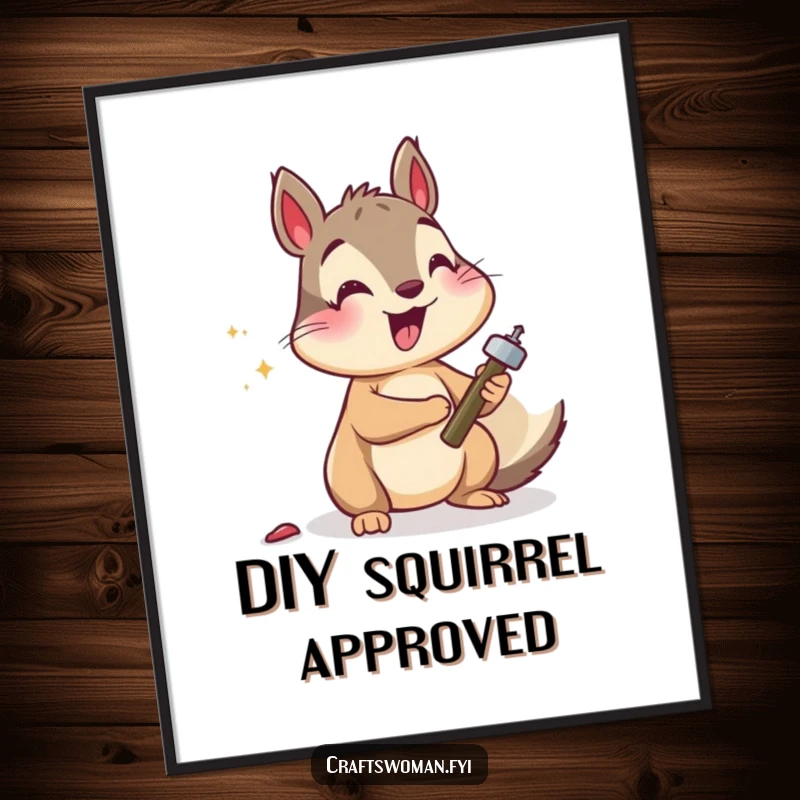 Funny squirrel poster showing a happy squirrel focused on hammering a small nail, adding a humorous touch to home decor.