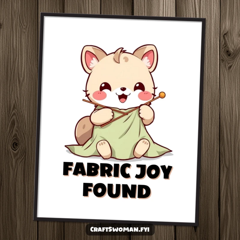 Cute Kawaii animal character stitching colorful fabric with a large needle, presented as a charming wall art print.