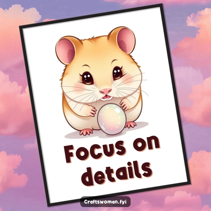 Funny hamster poster showing a curious hamster with sparkling, wide eyes examining a delicate bead, perfect for whimsical decor.