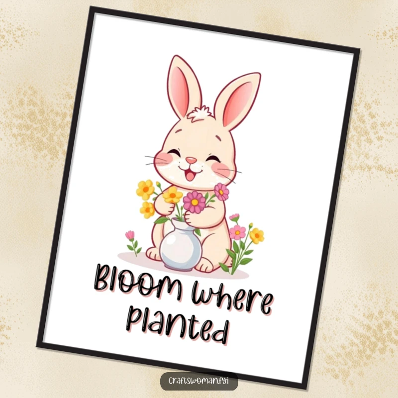 Funny bunny poster showing a happy bunny giggling while arranging a vase of flowers, adding whimsical charm.