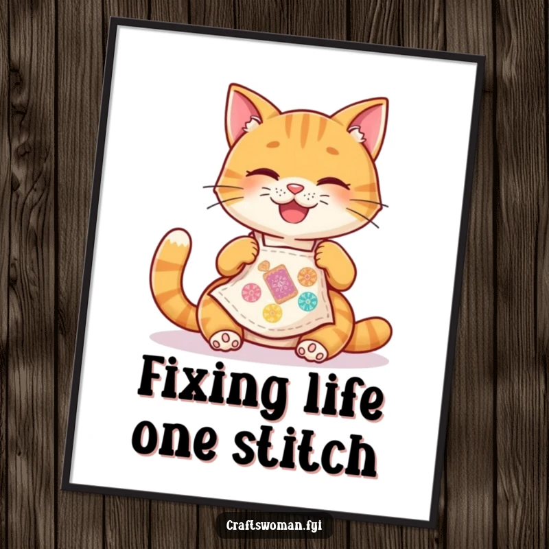 Funny Cat Apron Poster: A happy cat wearing a tiny apron joyfully stitches a colorful patch, inspiring crafting joy.