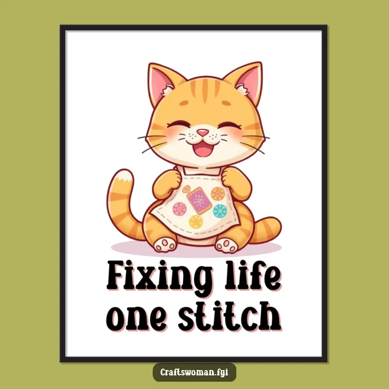 Funny Cat Apron Poster: Joyful Stitcher, Hilarious Wall Art Gift