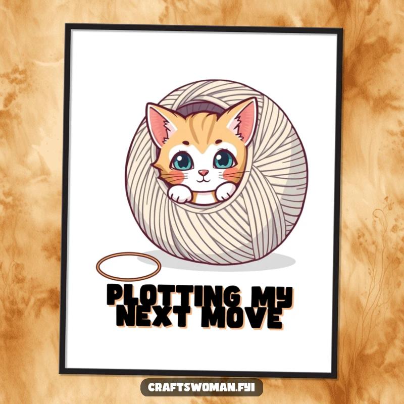 Funny poster art showing a curious cat emerging from behind a giant spool of yarn, ideal wall decor for crafters.