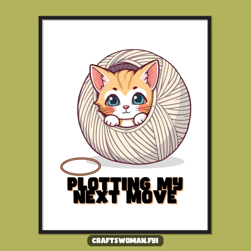 Funny Curious Cat Yarn Poster - Whimsical Wall Art Gift for Crocheters