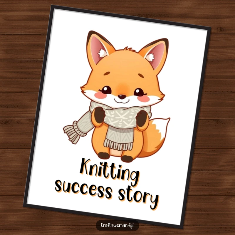 Funny poster art of a smiling fox proudly showing off its completed knitted scarf, perfect for craft rooms.
