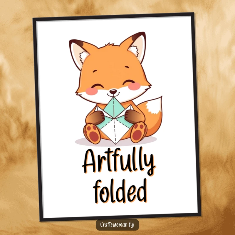 Funny Fox Poster featuring a smiling fox carefully folding origami shapes with tiny paws, a delightful piece of art.