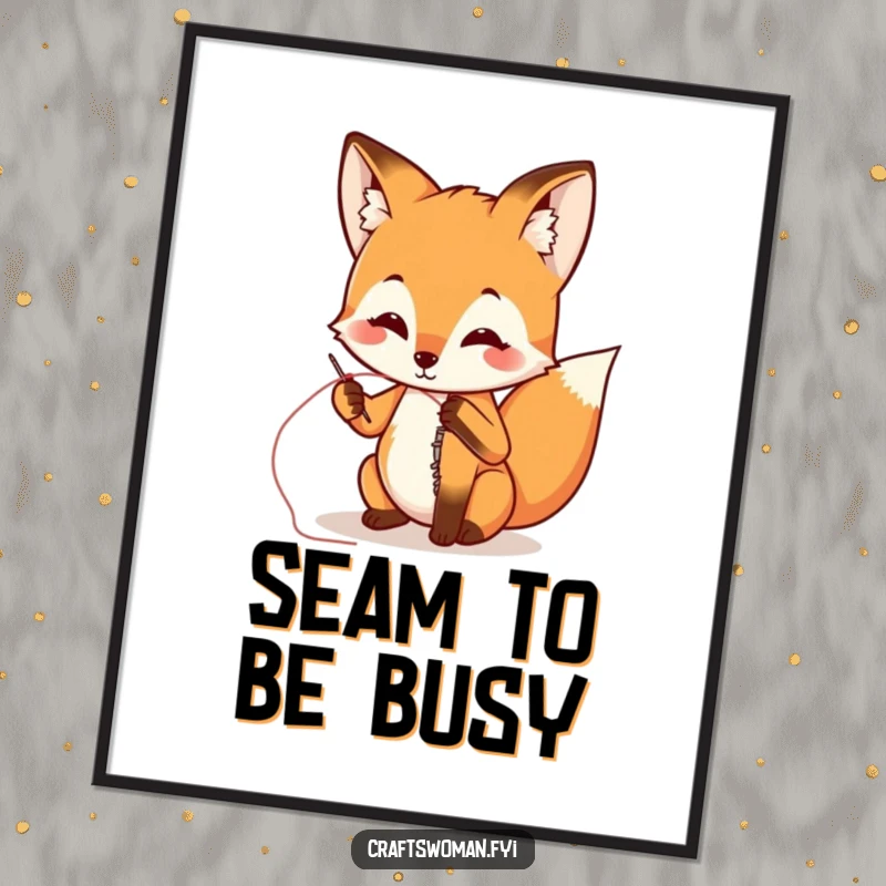 Funny fox with needle and thread sewing a ripped seam, displayed as humorous wall art on a poster, perfect for any room.