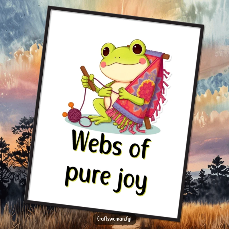Funny Poster: Cheerful frog character happily stitching a large, colorful, and intricate tapestry on a wall.