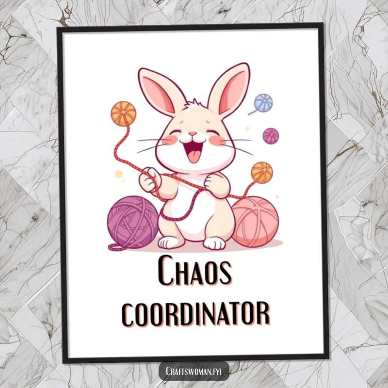 Funny poster illustrating a laughing rabbit gleefully juggling various colorful yarn balls, bringing crafty fun and humor to any space.