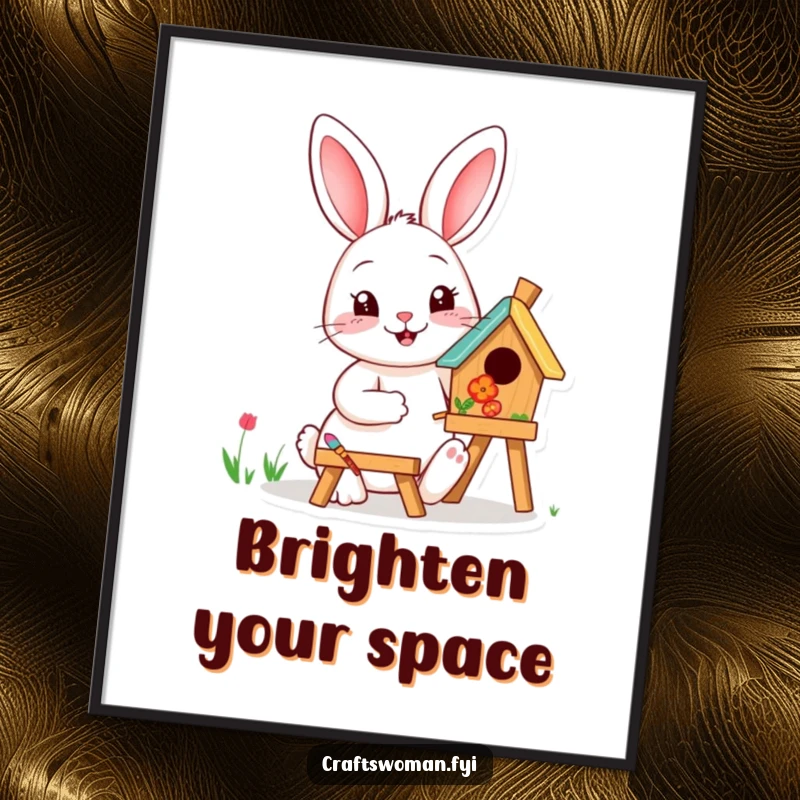 Funny happy rabbit painting a birdhouse with vibrant colors, displayed as whimsical wall art on a poster.