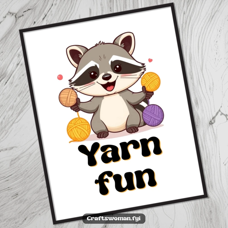 Funny poster art of a happy raccoon juggling colorful yarn balls with a mischievous grin, energetic and fun.