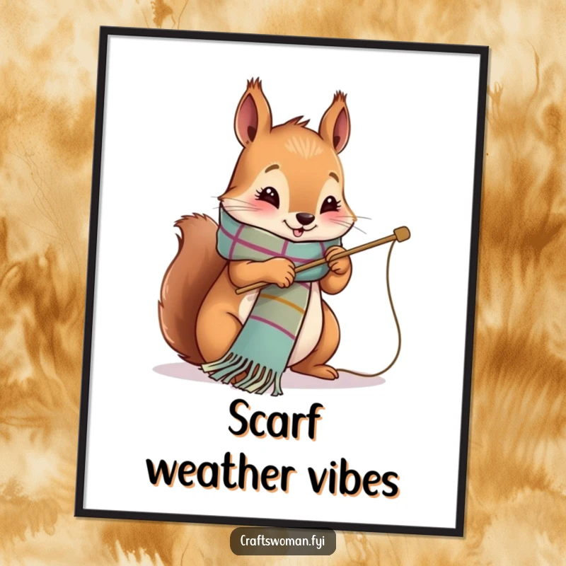 Funny Poster showcasing a cute squirrel character happily stitching a colorful scarf with a large needle.