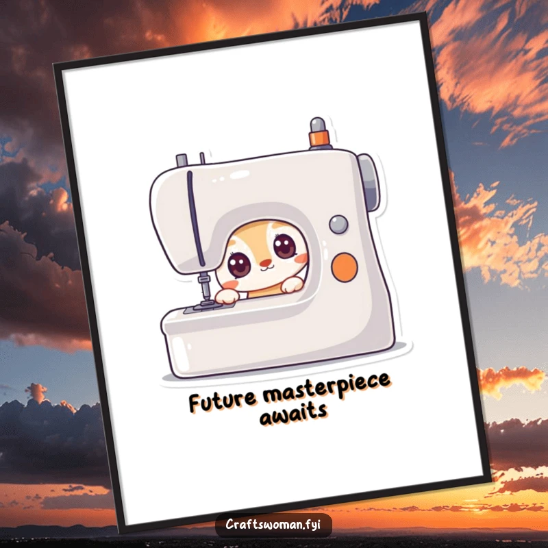 Funny art poster of a curious animal character peering with wide, eager eyes at a sewing machine, representing a passion for sewing.