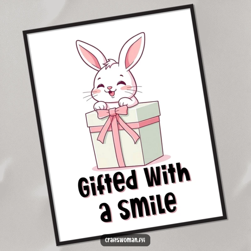 Funny Poster: A cute, giggling bunny is carefully tying a ribbon around a beautifully wrapped gift box, radiating holiday cheer.